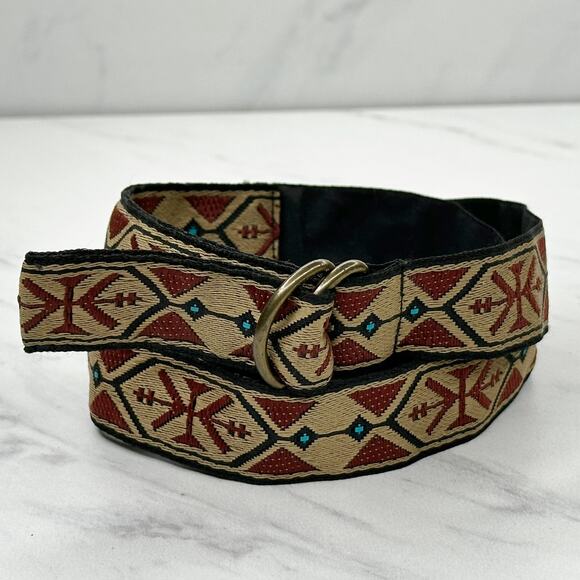 Womens Embroidered Woven Ribbon D Ring Belt Southwestern Burgundy Large (L) ✨ - Picture 1 of 7